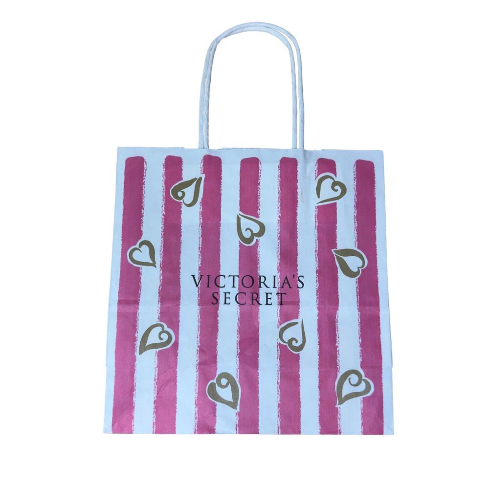 Vintage‎ 90s Victoria's Secret Shopping Gift Paper Bag Pink Stripe Gold Hearts